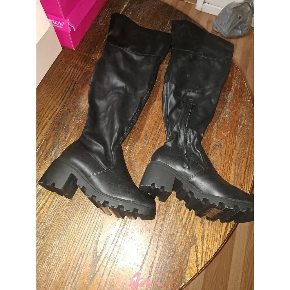 New Sz 10 JustFab Black Jordane Platform Lug Sole Over the Knee Thigh High Boots